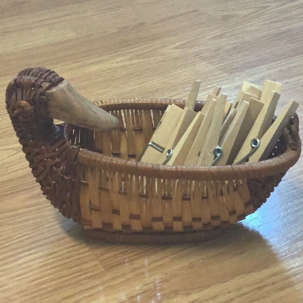 Vintage Petite Duck Wooden Beak Brown Rattan Wicker Basket